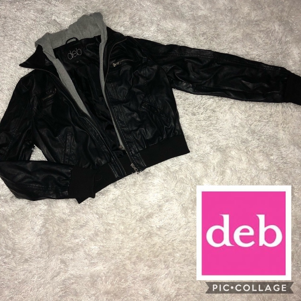 Fake Leather Jacket W/ Built-In Hood